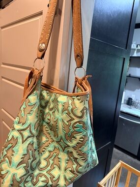 Turquoise Patterned Shoulder Bag with Tan Suede Trim